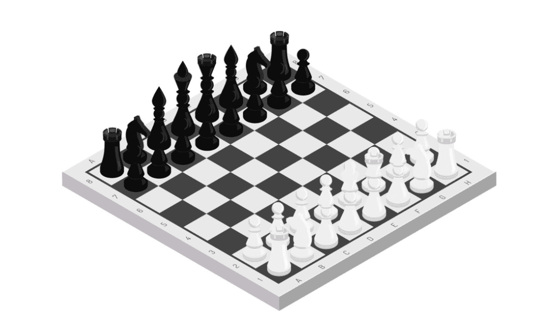 chessboard with both black and white pieces on plain white fond
