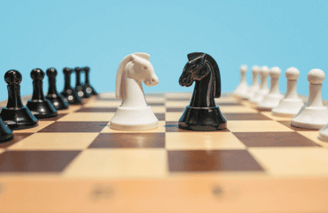 White and black knights face each other on a chessboard